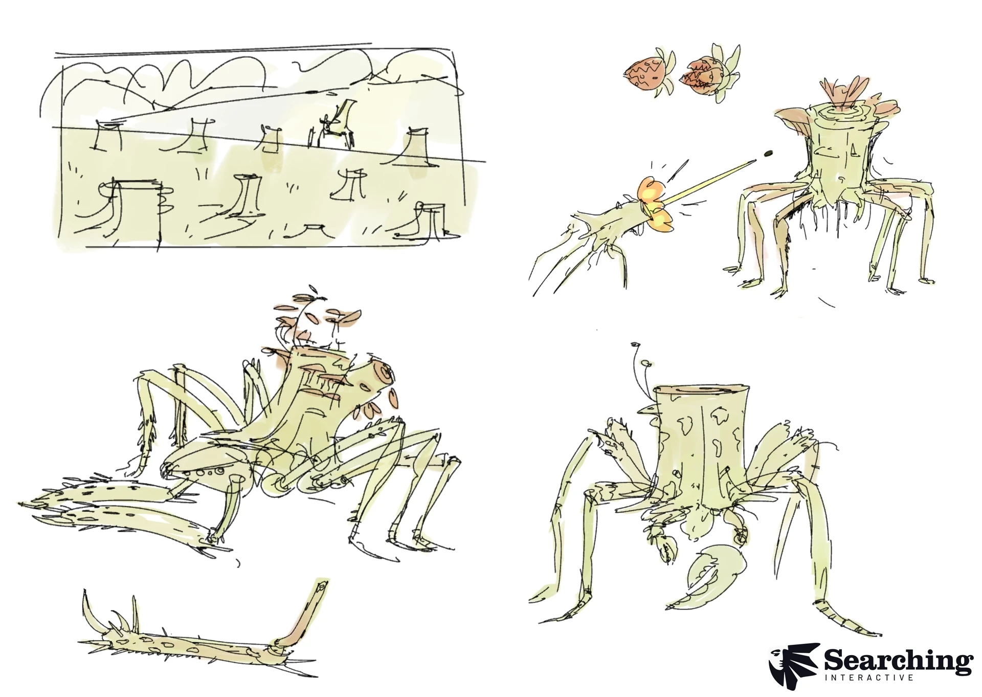 Concept sketches for the videogame Barrow by Searching Interactive. Line sketches of a tree-like monster.