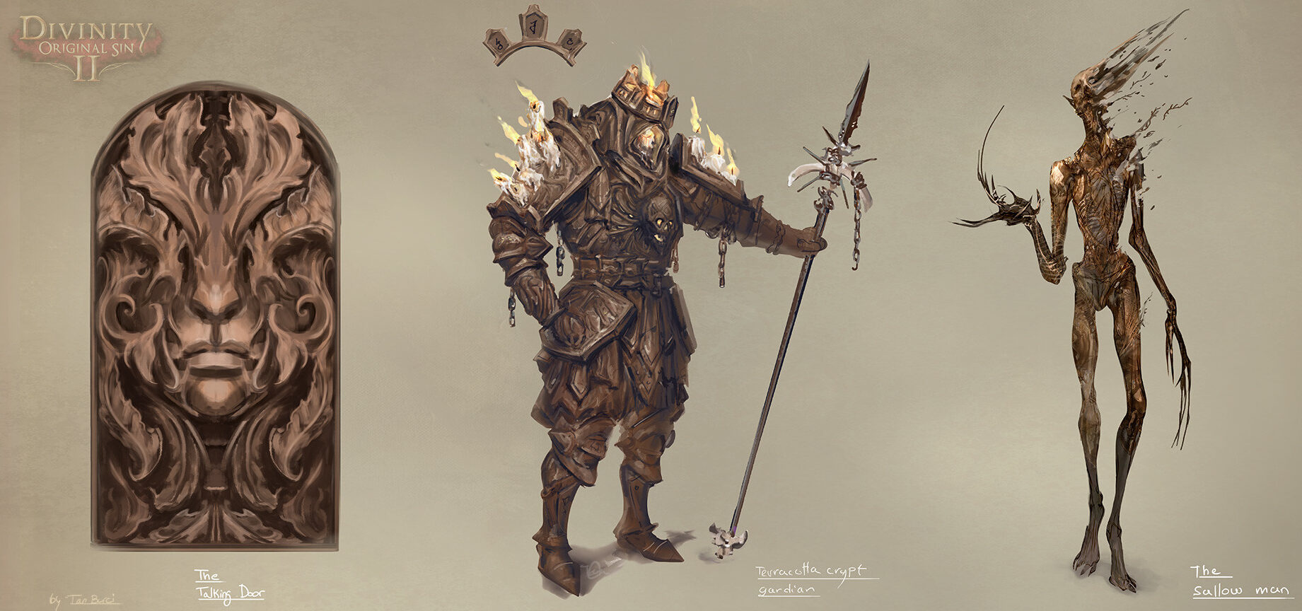 Concept art for the videogame Divinity: Original Sin II. Three drawings, one of an ornate door, one of a armored warrior, and one of a skletal ghoul. Artist: Tan Burci.