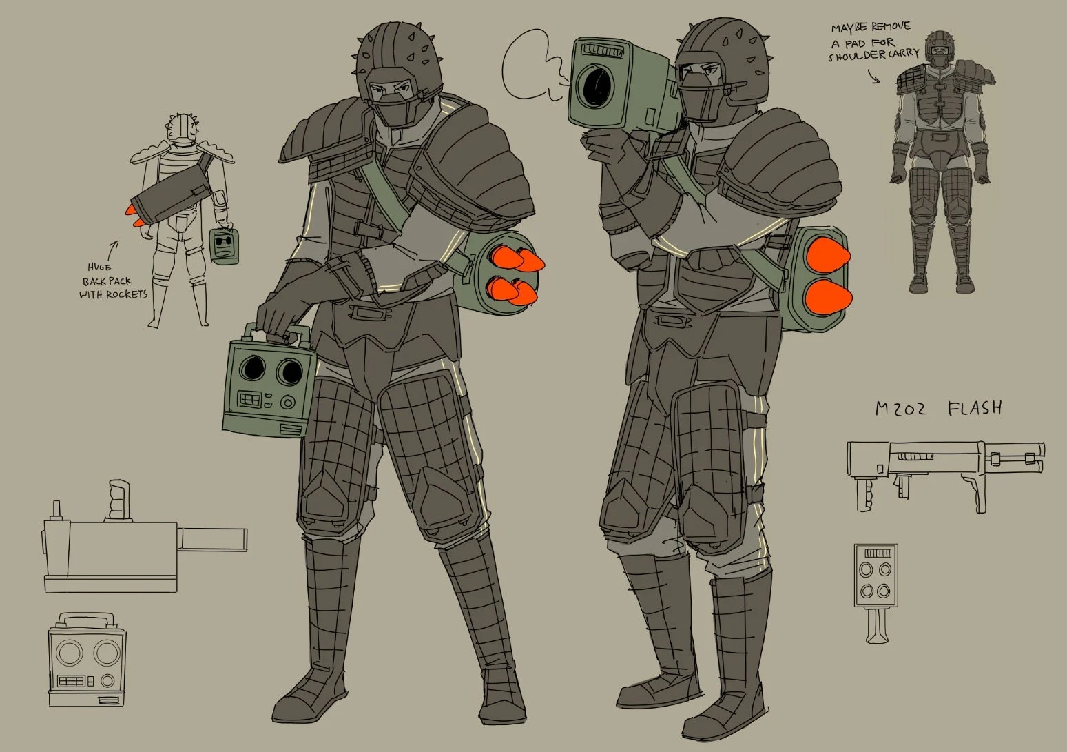 Concept art for the videogame Rollerdrome. A soldier wearing padded armor and weilding a rocket launcher.