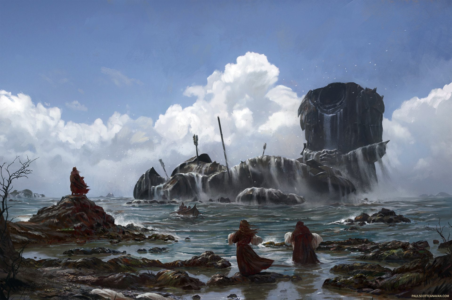 An illustration of a rocky seaside scene. A giant headless figure stands out into the distance as two smaller figures look on. Art by Paul Scott Canavan.