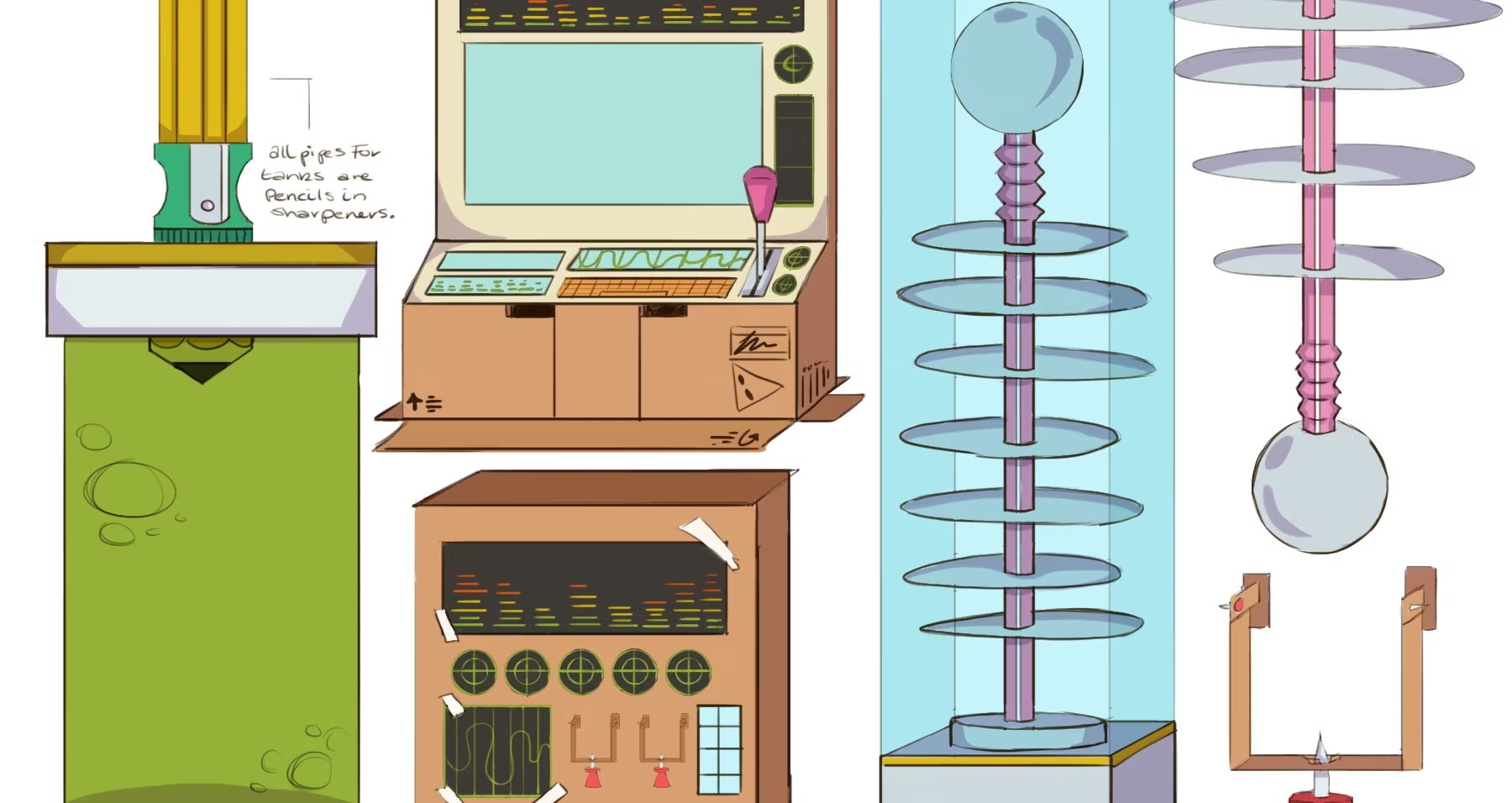 Concept art for the videogame Paper Fire Rookie. Various contraptions and machines made out of craft. Art by Luce Mutimer. 