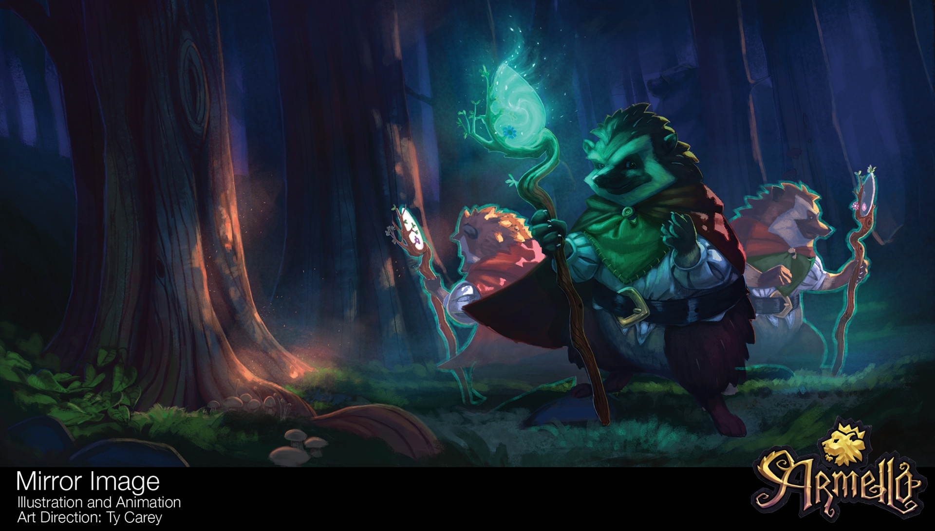 Art for the videogame Armello. Three wizards, who are also porcupines. Art by Jack Kirby Crosby.