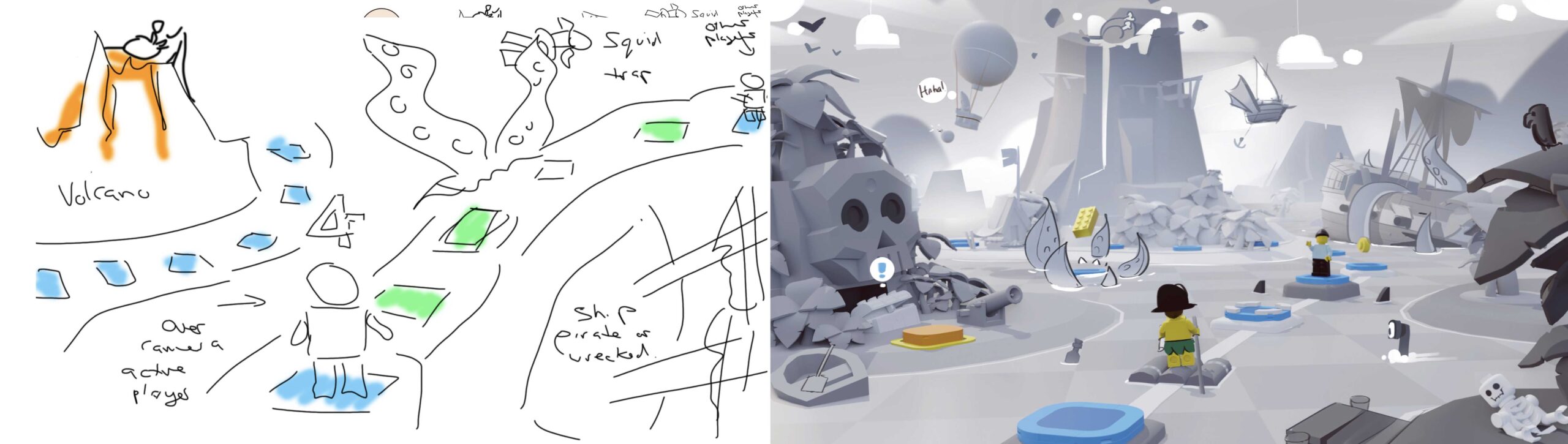 Sketch and working concept for LEGO Party! Image courtesy of SMG Studio. A rough line drawing and a flesh out render.