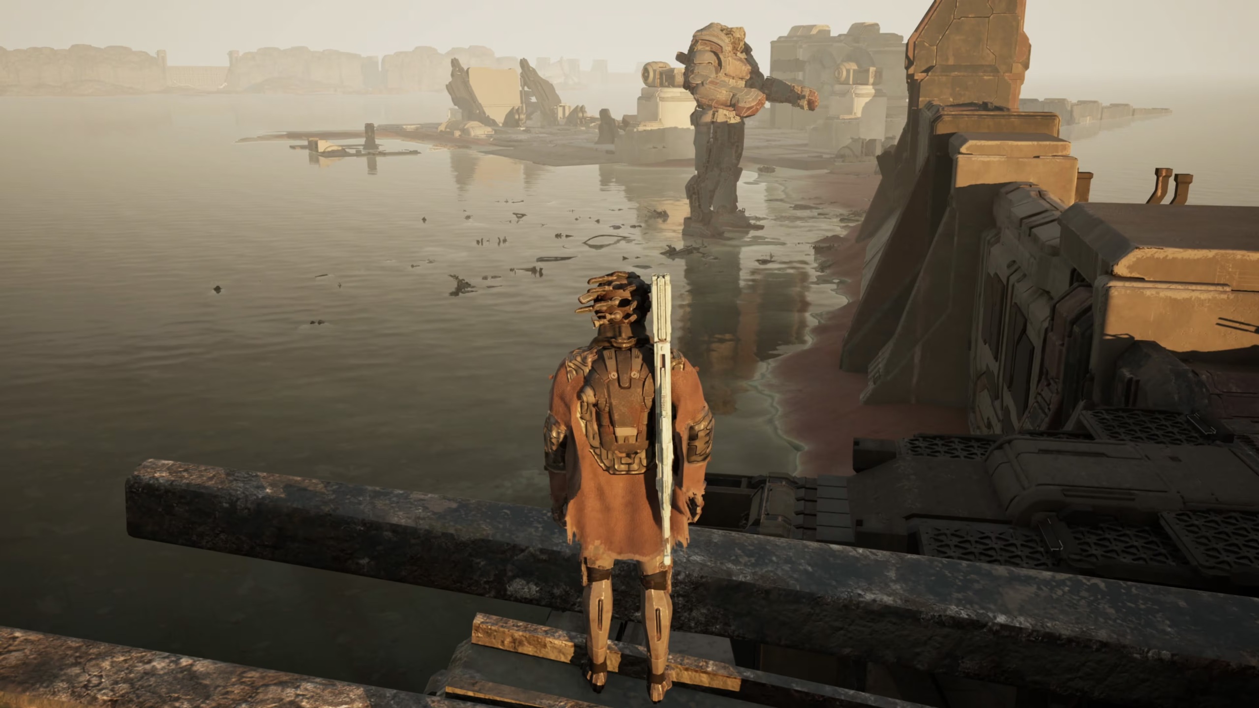 Screenshot for the videogame Gen Atlas. A figure stands looks out over the water. A giant robot is in the distance.